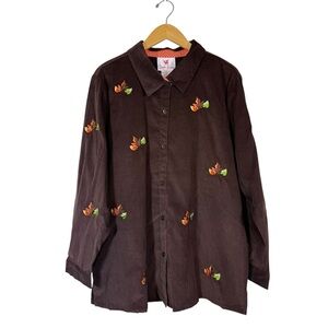 NWT Quacker Factory Sz 1X Brown Corduroy Embroidered Leaf Fall Button Down Top